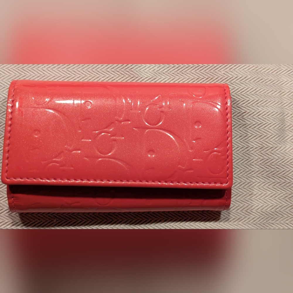 Dior Leather Trotter Key Case Card Holder Keychain Orange Pink COA VGUC